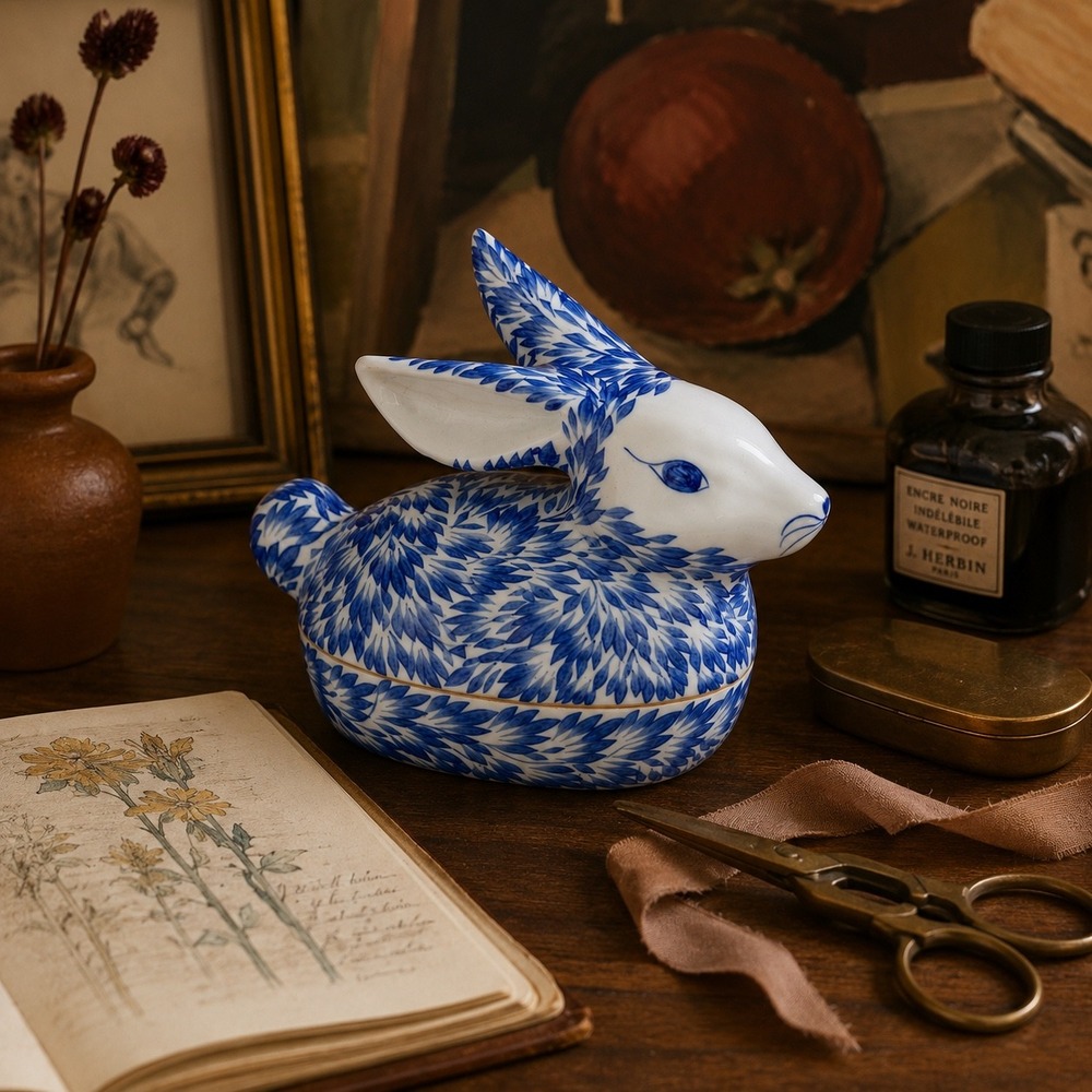 Vintage‎ Blue White Rabbit Trinket Box Ceramic Jewelry Keepsake Decor